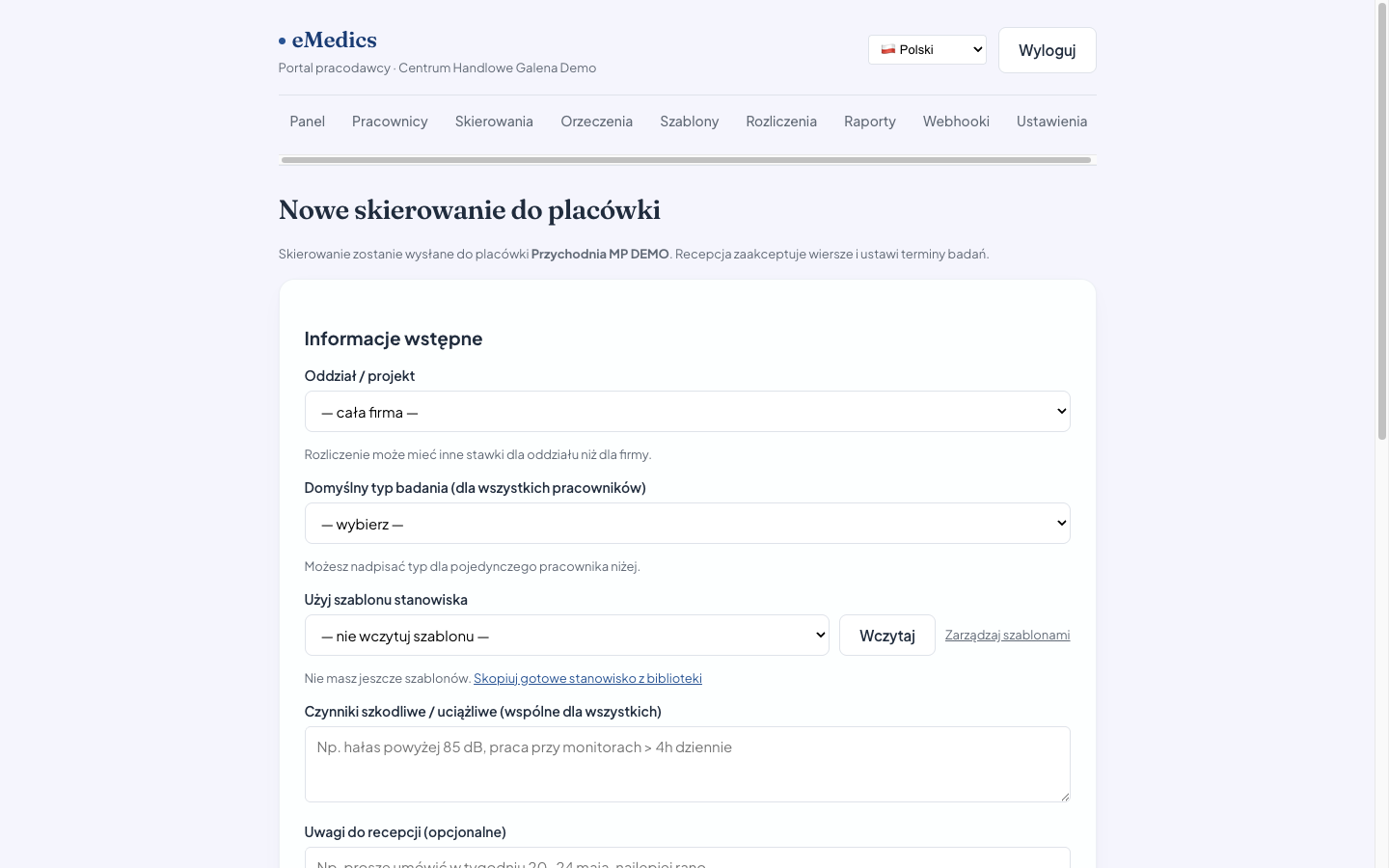 Portal pracodawcy eMedics: formularz nowego skierowania do placówki